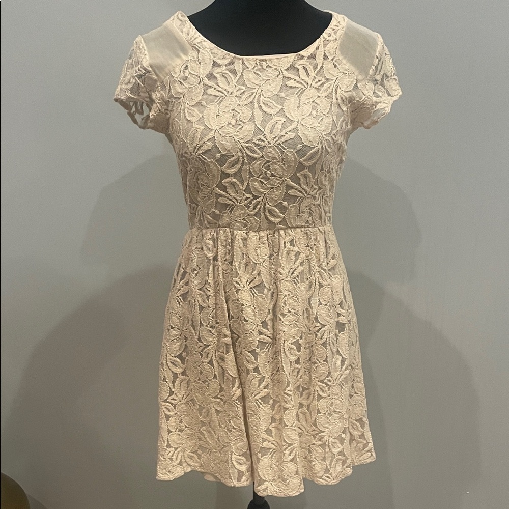 Lace Fit-and-Flare Short Sleeve Dress in Cream